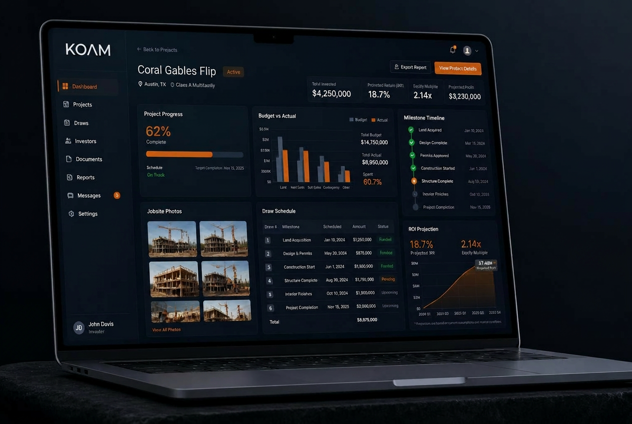 Koam investor platform dashboard showing project progress, budget, milestones and jobsite photos
