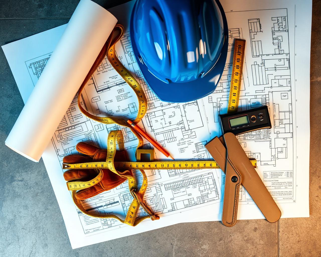 Construction blueprints, hard hat, gloves, tape measure on a job site